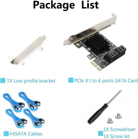 Four Port PCIe SATA Controller Card With Cables, Low Profile Bracket, Non Raid, Bootable System Disk Support, Add Four 6Gbps SATA 3.0 Drives To Your PC, Easy Upgrade For Extra Storage And Seamless Performance. PCIe x1 SATA card with cables and bracket
