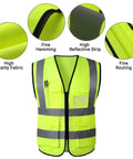 Heavy-Duty Hi-Vis Safety Vest With Pockets And Zipper, Custom Reflective Workwear For Tradesmen And Job Sites with reflective strips and fine detailing.
