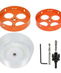 Pair of hole saws for recessed lighting: 6-1/4 and 4-1/4 bi-metal saws with dust bowl, includes arbor, bits, and hex key