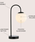 Mid Century Modern Glass Globe Table Lamp With White Shade And Black Base Dope Energy Saving LED Bulb Included with labels