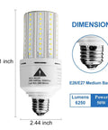 Two Pack 50W LED Bulbs 400W Equivalent 6250 Lumen 5000K Cool Daylight E26 E27 Base dimensions and features display