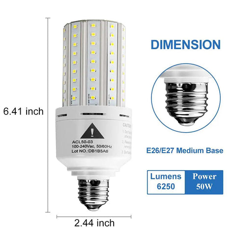 Two Pack 50W LED Bulbs 400W Equivalent 6250 Lumen 5000K Cool Daylight E26 E27 Base dimensions and features display