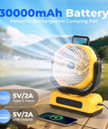 Yellow 30,000mAh Portable Camping Fan With RGB Lantern and USB charging on wooden table outdoors
