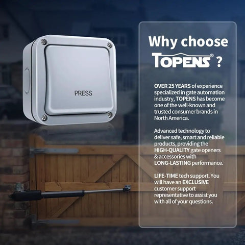 Weatherproof Wall Push Button Release Switch for Outdoor Gate Opener, shown with promotional text on wooden gate.