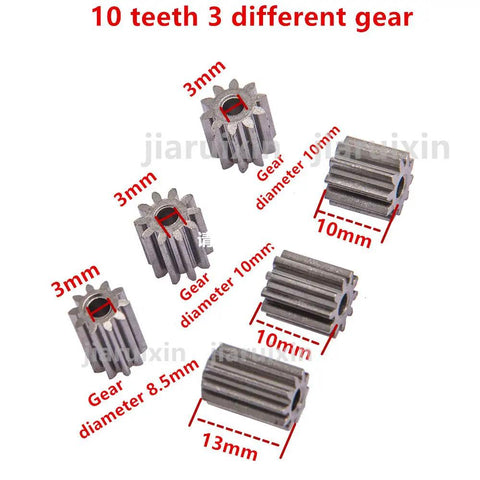 Three different gears for Two Pack Universal RS550 12V Electric Motor with 40000 RPM for RC cars and ride on toys.