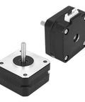 Two Nema 17 stepper motors (17HS4023) with alloy housing, 12V 0.7A, 4-wire connectors, front and side views