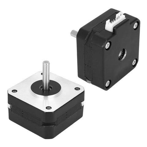Two Nema 17 stepper motors (17HS4023) with alloy housing, 12V 0.7A, 4-wire connectors, front and side views