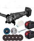Brushless Cordless Angle Grinder, 21V 3000mAh Battery, 100mm Disc, accessories including discs and gloves.