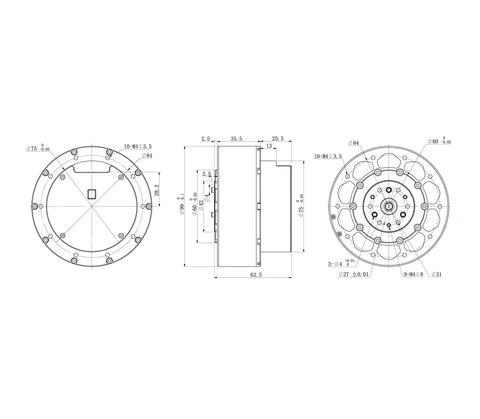MG8016E V3 dual-encoder planetary reducer with DC servo motor and brake, CAN; front, side, rear CAD views.