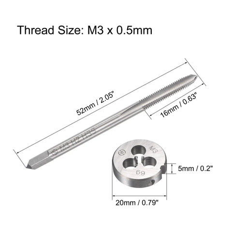 Pro Grade M3 X 0.5mm Metric Tap And Die Set For Thread Repair, All In One Round Die And Tap Kit, shown with measurements