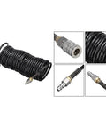 Badass Polyethylene Pneumatic Air Hose With Quick Coupler 25 Foot Quarter Inch Npt American Connector Hella Oil Resistant High Pressure Shop Ready Setup For Home Mechanics coiled with quick coupler detail.