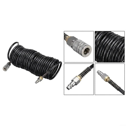 Badass Polyethylene Pneumatic Air Hose With Quick Coupler 25 Foot Quarter Inch Npt American Connector Hella Oil Resistant High Pressure Shop Ready Setup For Home Mechanics coiled with quick coupler detail.