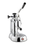 Heavy Duty Lever Espresso Machine With Brushed Chrome Exterior And Smooth Wood Handles, 38 Oz Solid Brass Boiler, Dual Frothing System, Italian Built Manual Coffee Maker That Pulls A Legit Silky Shot And Definitely Hits Different, side view of chrome espresso machine with lever.