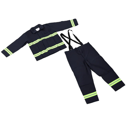 Heavy Duty Fire Retardant Work Suit With Aramid Insulation And High Visibility Design, navy blue with reflective stripes.
