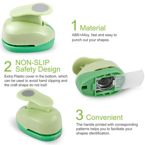 Six Shape 1 Inch Craft Hole Punch Set with heart, circle, and other shapes in green ABS alloy, non-slip design, easy to use for scrapbooking