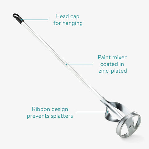 Heavy Duty Drill Paint Mixer with head cap, zinc-plated finish, and splatter-preventing ribbon design for paints, plaster, mortar, grout.