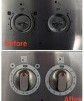 Before and after installation of Stove Dial Stickers For Oven And Range Knobs Easy Read Knob Symbol Decals Replacement Indicator For Cooktop Up To Two Point Four Inch Three Sheets Silver Background With Black Symbols, showing worn and then clear visible symbols.