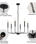Premium Black Six Light Chandelier Rust Resistant Metal Candle Pendant Fixture for Dining Room Kitchen, adjustable chain with E12 sockets.