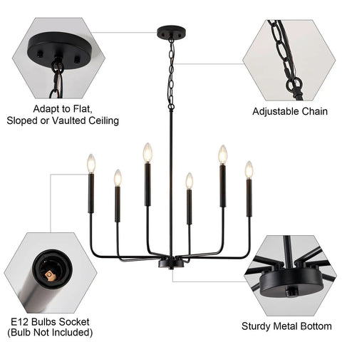 Premium Black Six Light Chandelier Rust Resistant Metal Candle Pendant Fixture for Dining Room Kitchen, adjustable chain with E12 sockets.