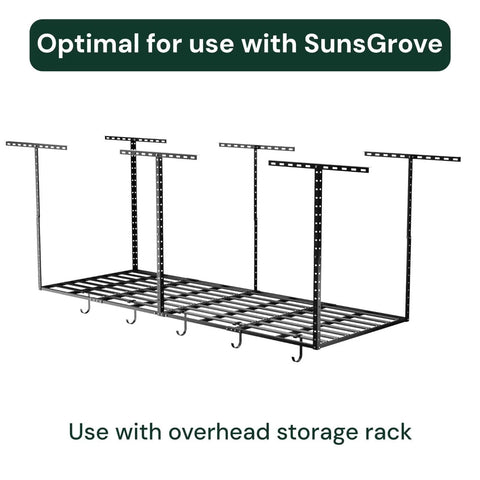 Heavy Duty 4 Pack Overhead Garage Ceiling Storage Hooks Add On Flat Hook Accessory For Hanging Bikes Ladders Tools And More Supports Up To 53 Lbs Easy Mounting shown on overhead storage rack.