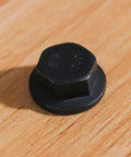 Close-up of Beefy M10 Flanged Washer Head Hex Bolts 35mm Long Full Thread Set Of 10 10.9 Grade Alloy Steel Black Oxide Finish