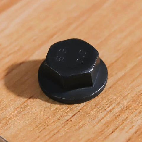 Close-up of Beefy M10 Flanged Washer Head Hex Bolts 35mm Long Full Thread Set Of 10 10.9 Grade Alloy Steel Black Oxide Finish
