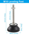 Four Pack Adjustable Leveling Feet With M10 Thread Rubber Base 60mm Diameter For Desks Tables Chairs Cabinets Machinery No Fuss Floor Leveling On Metal Tube Furniture Bases Includes T Nuts with measurements