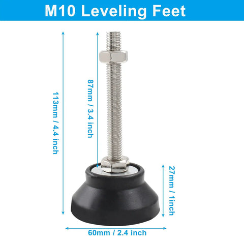 Four Pack Adjustable Leveling Feet With M10 Thread Rubber Base 60mm Diameter For Desks Tables Chairs Cabinets Machinery No Fuss Floor Leveling On Metal Tube Furniture Bases Includes T Nuts with measurements