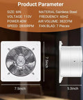 6 Inch Exhaust Fan 382 CFM Wall Mounted Vent Fan For Bathroom Kitchen Attic Basement Ceiling Ventilation 110V 40W