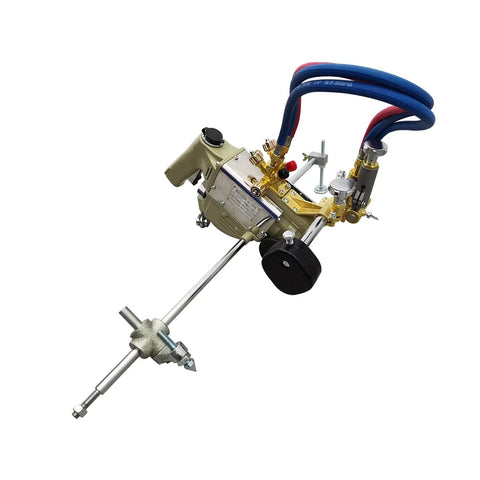 Heavy Duty Portable Gas Cutting Torch With Adjustable Speed Track That Knocks Out Any Metal Cutting Job Fast And Leaves Clean Cuts On Steel Plate Up To One Point Two Inches Thick, showing the detailed gas cutter design.