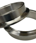 Five Inch 304 Stainless Steel Turbo Flange Kit with V Band Clamp and male and female flanges close-up view