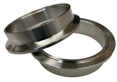 Five Inch 304 Stainless Steel Turbo Flange Kit with V Band Clamp and male and female flanges close-up view