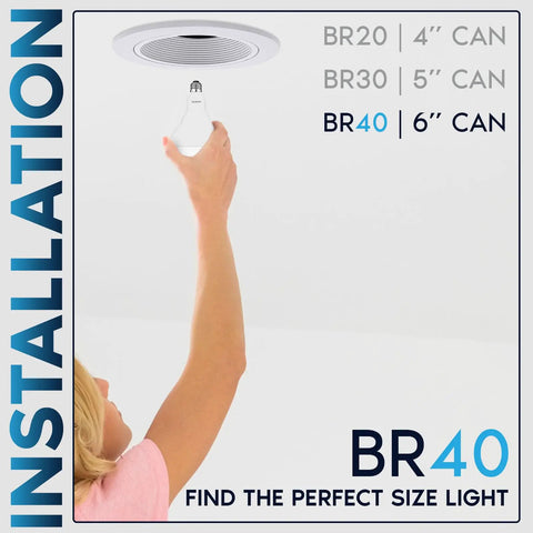 Person installing BR40 LED Flood Light Bulbs 13W Dimmable 1100 Lumens 3500K Natural White E26 Base Indoor Outdoor 85W Equivalent