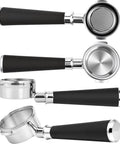Pro Grade 58mm Bottomless Portafilter With Two Ears For Breville Dual Boiler Oracle Touch and Oracle Jet, showing double shot basket and steel puck screens.