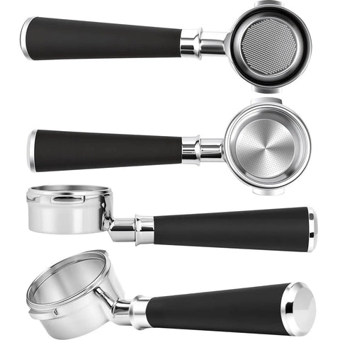 Pro Grade 58mm Bottomless Portafilter With Two Ears For Breville Dual Boiler Oracle Touch and Oracle Jet, showing double shot basket and steel puck screens.