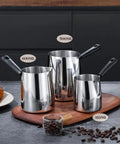 Stainless Steel Turkish Coffee Pot And Moka Style Saucepan For Brewing Coffee Melting Chocolate Heating Milk And Sauces 350Ml 600Ml 900Ml With Pouring Spout Durable Kitchen Vessel For Everyday Kitchen Hustle displayed on table