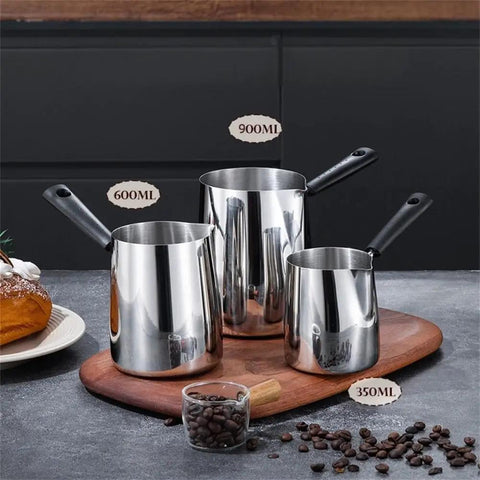 Stainless Steel Turkish Coffee Pot And Moka Style Saucepan For Brewing Coffee Melting Chocolate Heating Milk And Sauces 350Ml 600Ml 900Ml With Pouring Spout Durable Kitchen Vessel For Everyday Kitchen Hustle displayed on table