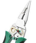 Close-up of 8 In 1 Electric Wire Stripper With Measurement Tool Green Cable Cutter Plier, showing measuring markings and gripping jaws.