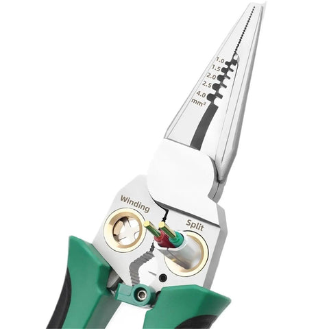 Close-up of 8 In 1 Electric Wire Stripper With Measurement Tool Green Cable Cutter Plier, showing measuring markings and gripping jaws.
