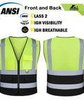 Premium Quality Straight Up Class 2 Hi Vis Safety Vest With Deep Cargo Pockets For Construction Crews Safety Compliant Reflective Mesh Gear Hella Visible For Highway And Active Job Sites Yellow Black Xl front and back view highlighting pockets and reflective stripes.