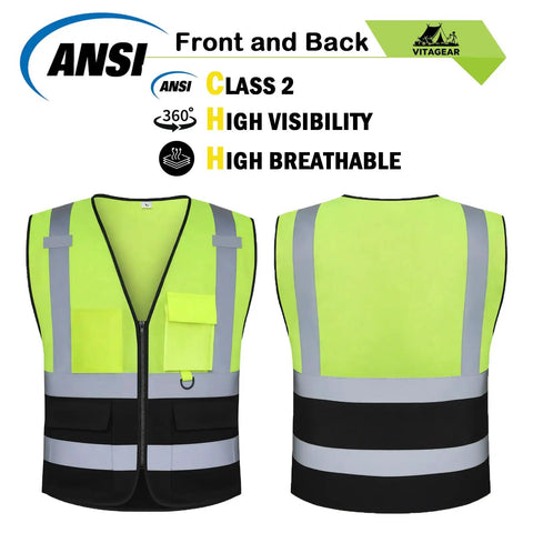 Premium Quality Straight Up Class 2 Hi Vis Safety Vest With Deep Cargo Pockets For Construction Crews Safety Compliant Reflective Mesh Gear Hella Visible For Highway And Active Job Sites Yellow Black Xl front and back view highlighting pockets and reflective stripes.