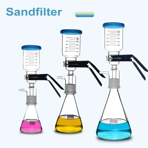 Three lab vacuum filtration devices with sand core funnel filtering kit, highlighted with measuring lines, ideal for sample prep.