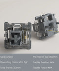 Silver Pro V3 5 Pin Linear Keyboard Switches with dustproof stem, pre-lubed, shown front and side view, text overlay of specifications