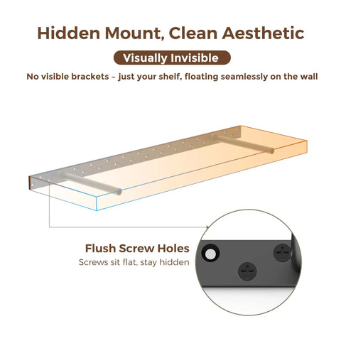 Heavy Duty Floating Shelf Brackets Set Black Metal Mantel Brackets For Hidden Shelving Mounting Decorative Floating Shelf Hardware 56x6x1 Inches Easy Drill Install visual diagram