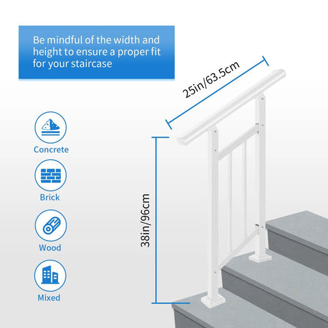 Heavy Duty White Wrought Iron Handrails For Outdoor Steps showing measurements for proper fit on concrete stairs.