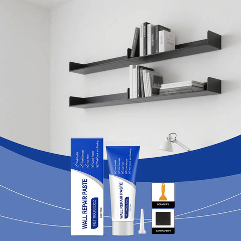 DIY Drywall Repair Kit With Easy Putty Paste For Holes And Cracks In Walls Ceilings And Doors Quick Patch For Home Apartment Or Dorm No Mess Mending And Seamless Wall Restoration front view with tools and packaging in front of a wall.