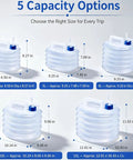 5 size options for Go-To Collapsible Water Container With Spigot For Travel And Camping, 5/10/15 Liter Accordion Bucket