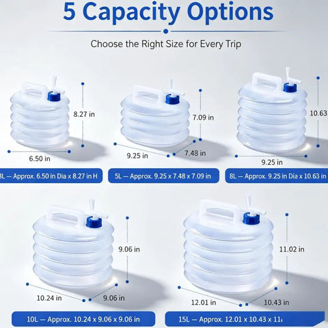 5 size options for Go-To Collapsible Water Container With Spigot For Travel And Camping, 5/10/15 Liter Accordion Bucket