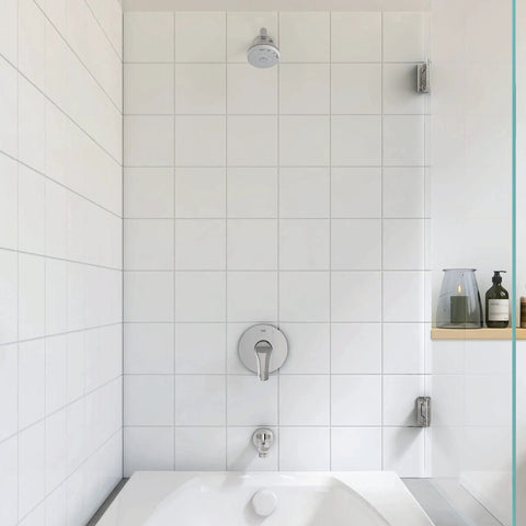 Shower with Eurosmart Shower Valve Trim in Starlight Chrome with Concealed Mounting and Starlight Finish for a sleek scratch-resistant shine.