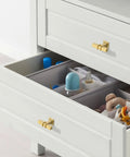 Open drawer with brushed gold cabinet knob 10 Pack Brushed Gold Cabinet Knobs 1.46 Inch 37mm Single Hole Rectangle Drawer Pulls for Cabinets Dressers Bathrooms Easy To Install with 120 Days After Sales Guarantee ZH0067